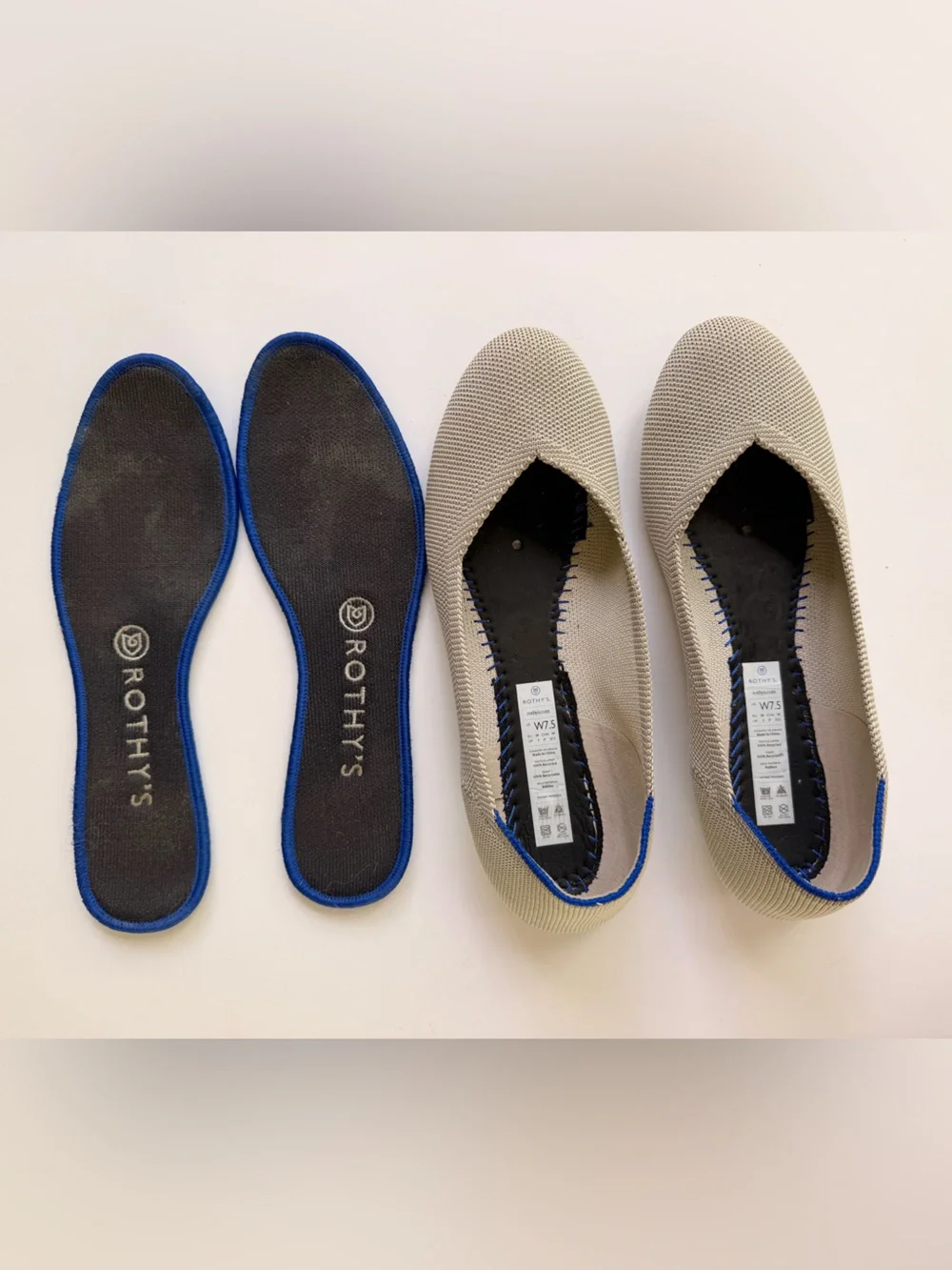 Rothy’s The Flat Flax Light Gray Knit Ballet Flats Blue Halo Trim Size 7.5 EU 38